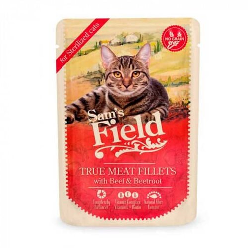 Sam's Field vlažna hrana za sterilisane mačke, ukus govedine i cvekle, 85g Slike