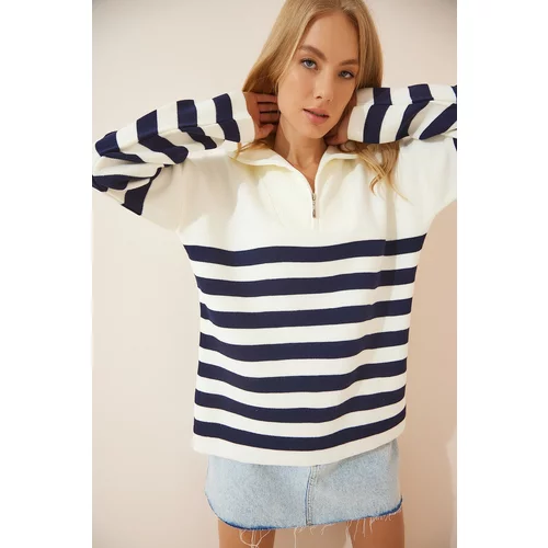 Happiness İstanbul Women's Navy Blue White Zipper Stand Up Collar Striped Oversize Knitwear Sweater