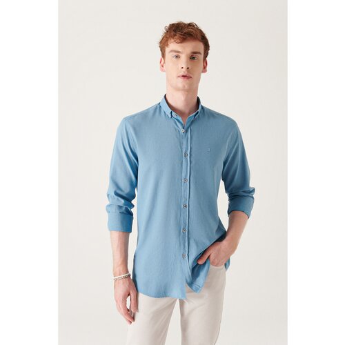 Avva Men's Indigo 100% Cotton Thin Soft Touch Buttoned Collar Long Sleeve Standard Fit Normal Cut Shirt Slike