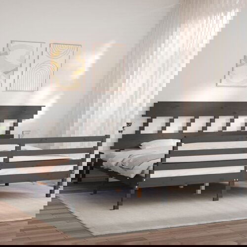 The Living Store Posteljni okvir z vzglavjem siv 200x200 cm trden les - Posteljni Okvir, (21526678) Slike