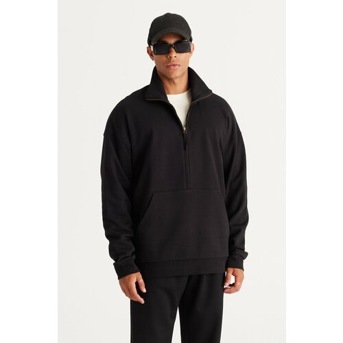 AC&Co / Altınyıldız Classics Men's Black Oversize Loose Fit Fleece Thread Standing Bato Collar Cotton Sweatshirt Cene