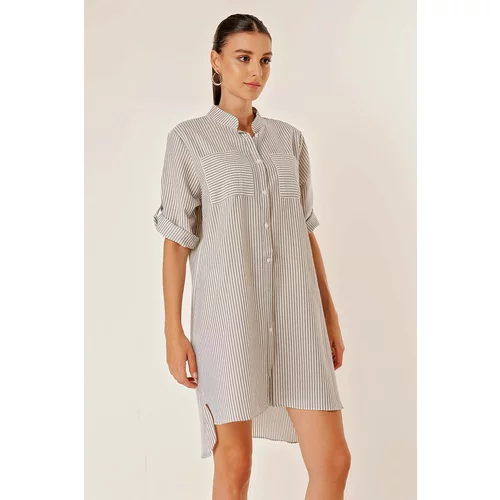 By Saygı Double Pocket Front Short Back Long Striped Short Sleeve See-through Dress Gray
