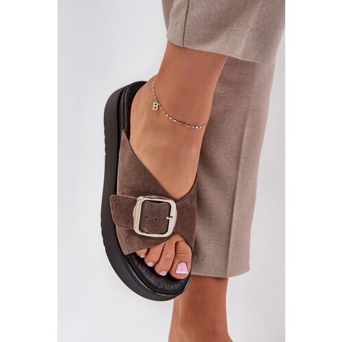 Zazoo Women&amp;#039;s Suede Slides With Buckle On Platform Brown 3019 Slike