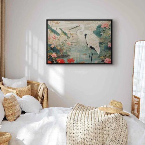  Slika - By an Asian pond - an illustration in the style of a Japanese engraving depicting a heron 60x40 U crnom drvenom okviru Slike