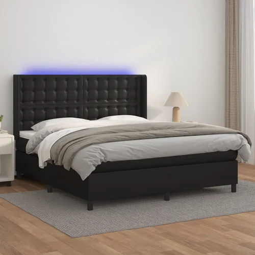 The Living Store Box spring postelja z vzmetnico LED črna 160x200cm umetno usnje - Box Spring Postelja, (21515145)