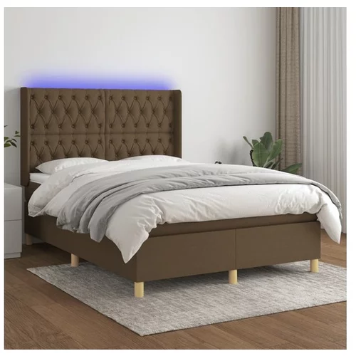  Box spring postelja z vzmetnico LED temno rjava 140x190cm blago