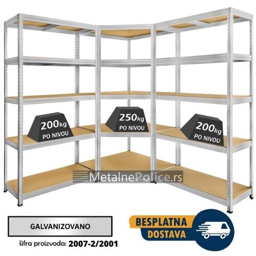  Polica ugao 180x70x70x30cm, 5x250kg + 2 police 180x90x30cm, 5x200kg galva Cene