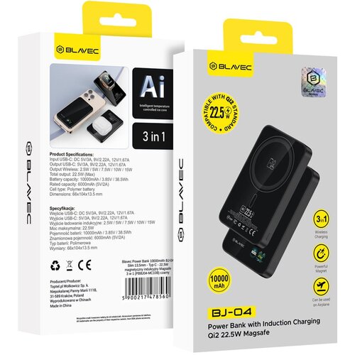 BLAVEC Power Bank 10000mAh BJ-04 Slim Type- C Magsafe 3 u 1 - crno staklo Slike