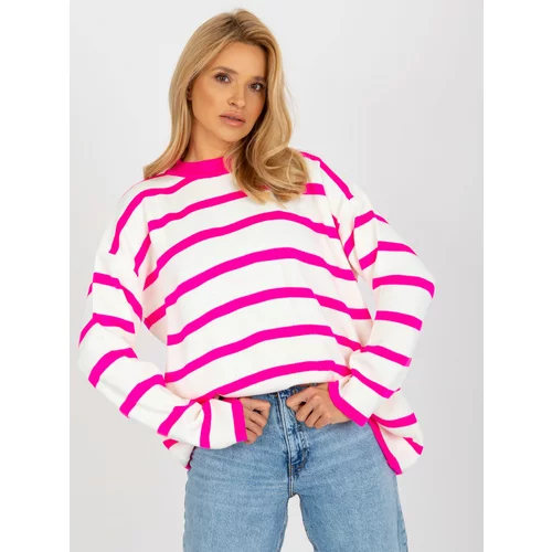 Fashion Hunters Fluo pink and ecru striped oversized sweater with stand-up collar by RUE PARIS