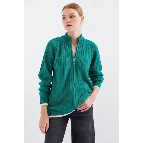 Bigdart 15880 Zippered Knitted Cardigan - Emerald Green