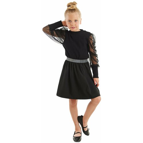 Mushi Black Tulle Girl's Turtleneck Blouse Skirt Set Slike
