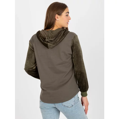 Fashion Hunters Khaki women's sweatshirt with a zipper with velor inserts