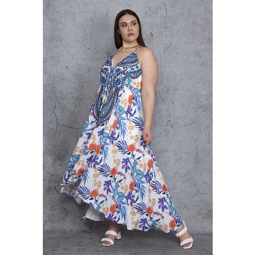 Şans Women's Plus Size Multicolored Low-Cut Back Stone Detailed Lined Asymmetrical Dress Cene