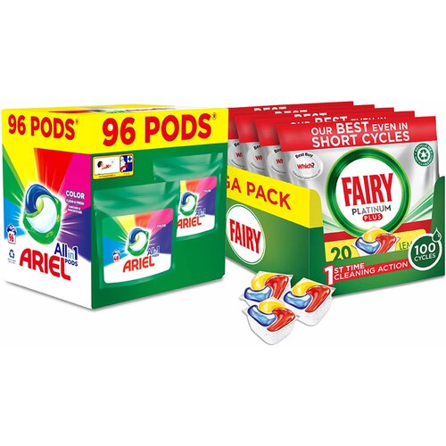 Pg Ariel Color kapsule za pranje veša 96 kom + Fairy Platinum Plus kapsule za mašinsko pranje posuđa, XXL, 100 komada Slike
