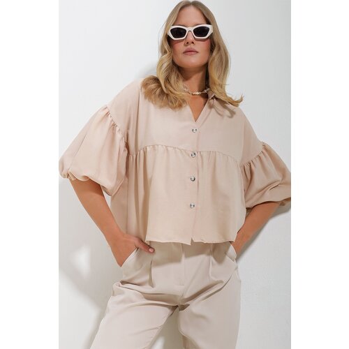 Trend Alaçatı Stili Women's Beige Balloon Sleeve Robe Gathered Kubra Cotton Crop Shirt Cijene