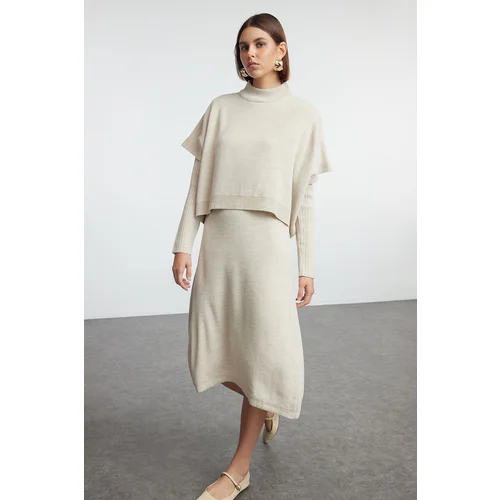 Trendyol Beige Wide Cut Midi Knit Sweater Dress