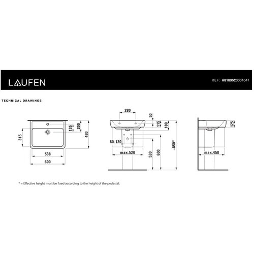 Laufen H8189520001041 Pro 60 x 48 cm pravokotni stenski keramični umivalnik z odprtino za armaturo Slike