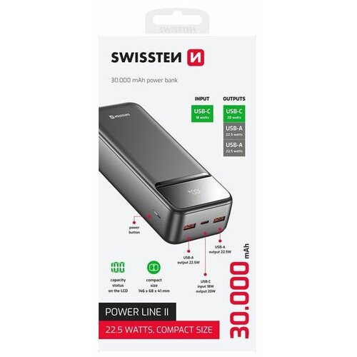 Swissten Dodatna baterija - Power Bank 30000mAh, max 22,50W, USB-C, 2xUSB-A Cijene