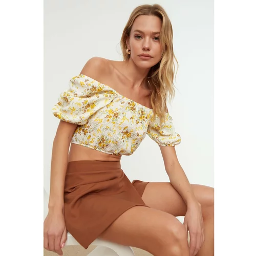 Trendyol Yellow Floral Pattern Square Neck Crop Blouse