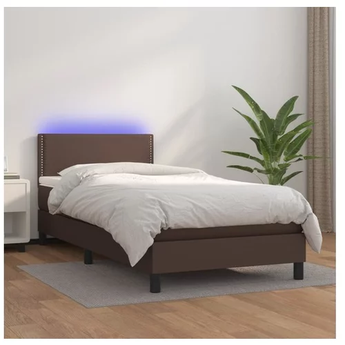  Box spring postelja z vzmetnico LED rjava 90x200 cm um. usnje