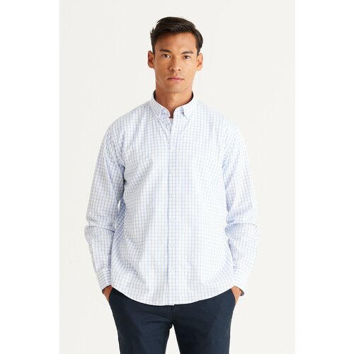AC&Co / Altınyıldız Classics Men's White-Blue Comfort Fit Comfy Cut Buttoned Collar Cotton Check Shirt. Slike