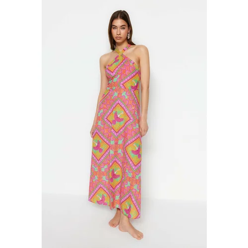 Trendyol Tropical Patterned Maxi Woven 100% Cotton Beach Dress