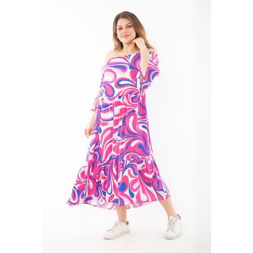Şans Women's Plus Size Colorful Collar Elastic Woven Viscose Fabric Layered Dress Slike