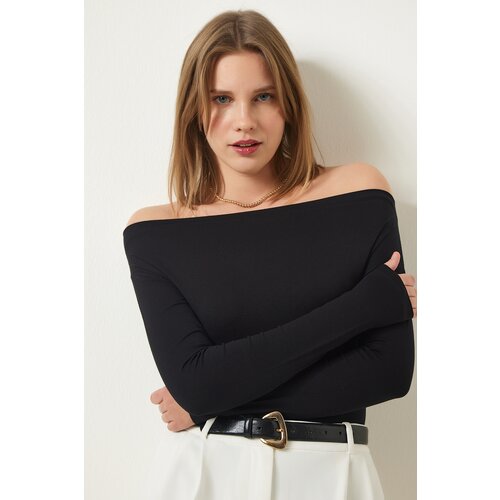  Women&amp;#039;s Black Boat Neck Knitted Blouse Slike