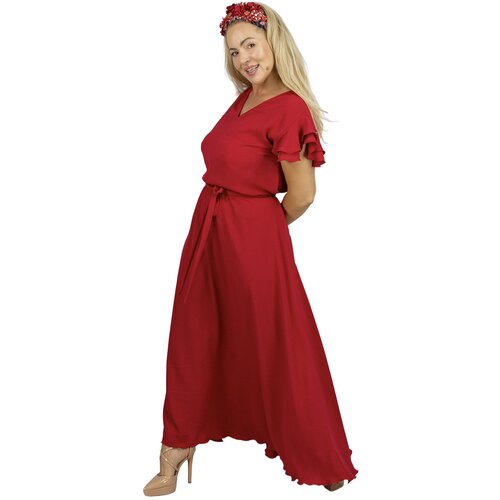 Pri Long dress tied at the waist with short sleeves with frill CELINA Cene