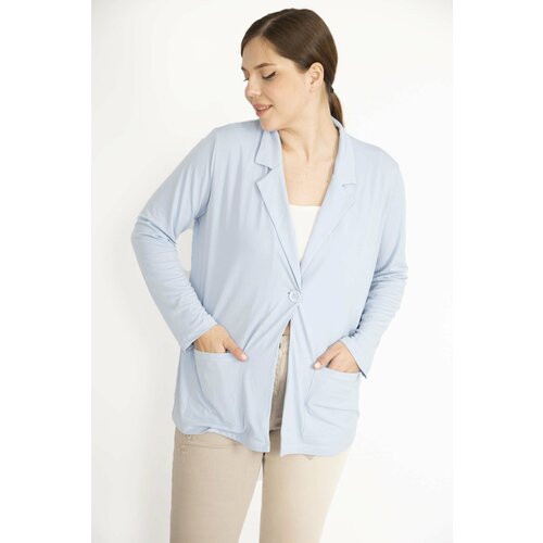 Şans Women's Blue Plus Size Single Button Unlined Pocket Cardigan Cene