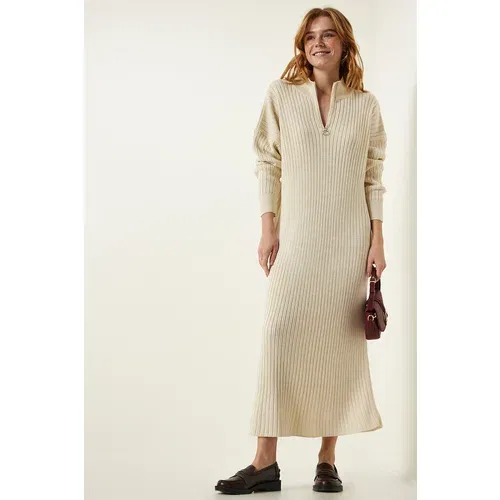 Happiness İstanbul Women's Cream Ribbed Oversize Knitwear Dress