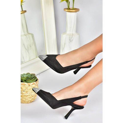 Fox Shoes Women's Black Satin Fabric Stone Detailed Heeled Shoes Slike
