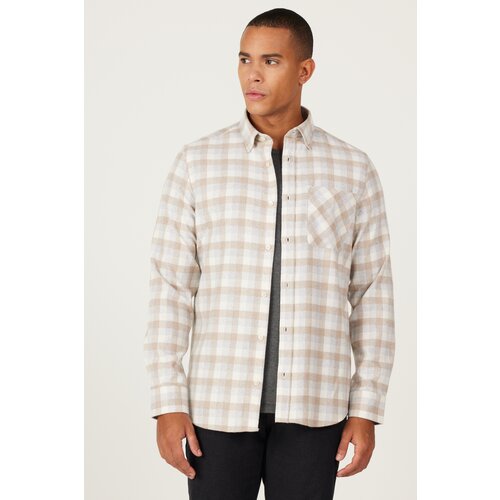 AC&Co / Altınyıldız Classics Men's Beige-gray Slim Fit Slim Fit Button Collar Warm Checked Winter Flannel Lumberjack Shirt Cene