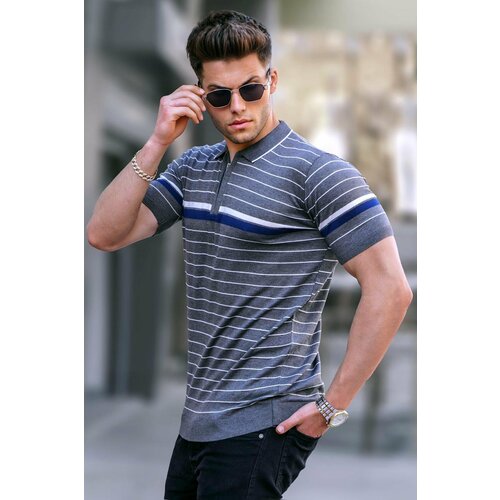 Madmext Ice Gray Striped Polo Neck T-Shirt 5734 Slike