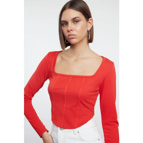 Trendyol Red Piping Detailed Square Neck Fitted Crop Interlock Knitted Blouse