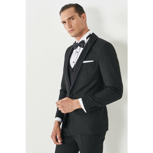 ALTINYILDIZ CLASSICS Men's Black Extra Slim Fit Slim Fit Dovetail Collar Patterned Vest Tuxedo Suit. Slike