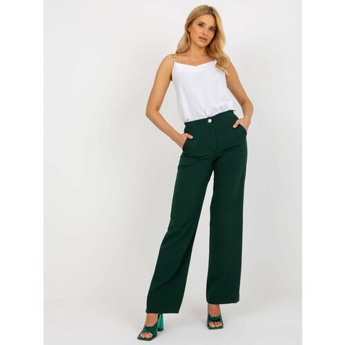 Fashion Hunters Dark green wide fabric trousers with pockets Slike