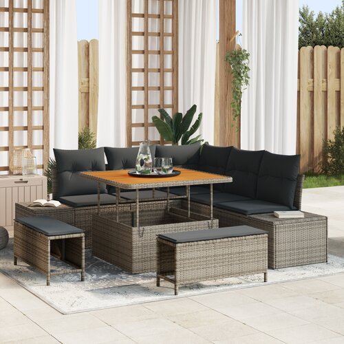 VidaXL 8-delna vrtna sofa garnitura z blazinami Siva Poli ratan Akacija Slike