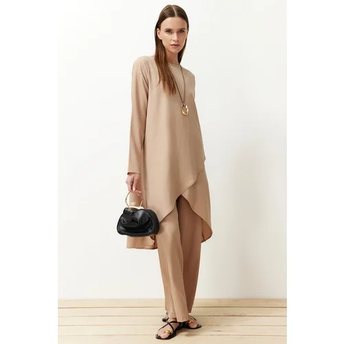 Trendyol Beige Asymmetrical Woven Tunic Trousers Bottom-Top Set