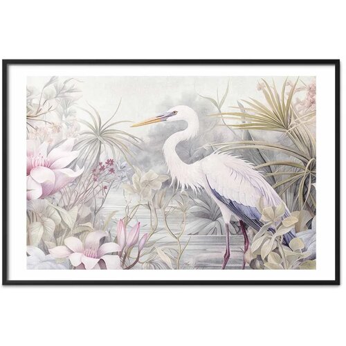  Plakat - Heron Wading in a Pond - illustration in light colors 90x60 Crni okvir s margom Slike