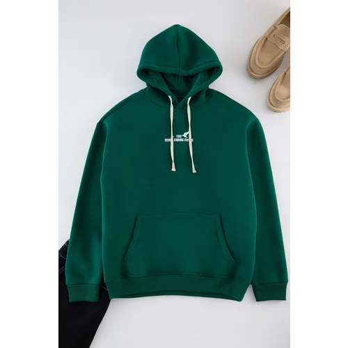 Trendyol Emerald Green Oversize/Wide Cut Hooded Printed Fleece Inside Cotton Sweatshirt