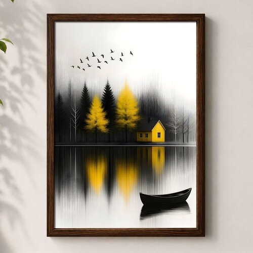 Wallxpert uramljena mdf slika 3752KACT-017, žuta kuća, žuto drveće i čamac na jezeru, 37 x 52 cm Cene