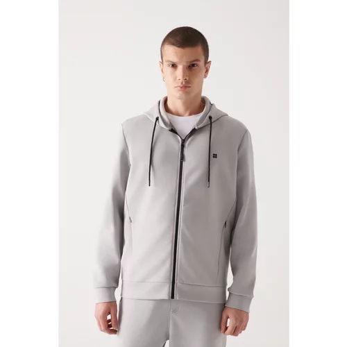 Avva Men's Gray Unisex Sweatshirt Hooded Flexible Soft Texture Interlock Fabric Zippered Standard Fit Norma