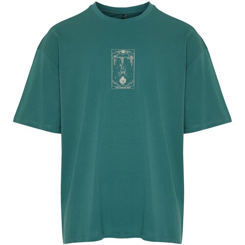Trendyol Emerald Green Men's Oversize/Wide Cut 100% Cotton Tarot Printed T-Shirt Slike