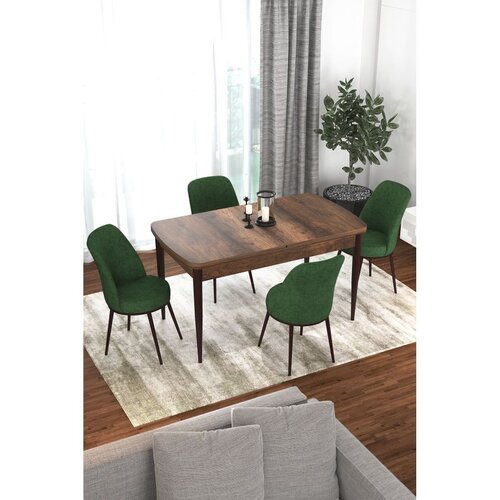 Hanah home trpezarijski set Via, sto na razvlačenje i 4 stolice, ploča u dekoru drveta Baroque, kaki zelena tkanina Jerry Cene