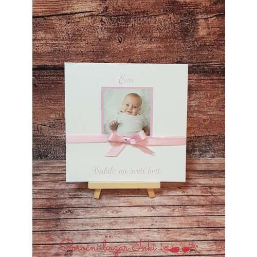  Vabilo za krst s fotografijo otroka in pentljico, roza REK118 Cene