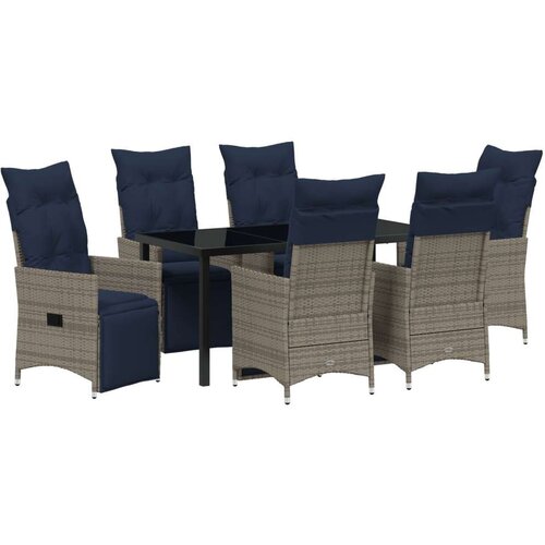  Blagovaonski set od 7 komada s jastučićima sivi poli ratan  vrtni stol crna 160x80x73 cm od kaljenog stakla Cijene