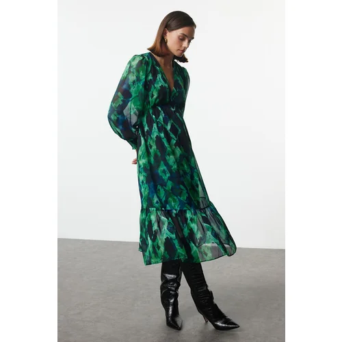 Trendyol Green Abstract Patterned Waist Opening Lined Midi Chiffon Woven Dress