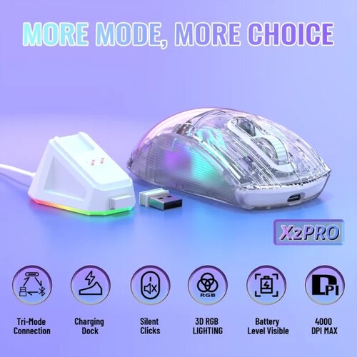 Attack Shark bežični gaming mi&amp;scaron; X2Pro Silent/TriMode/Transparent/3D rgb + charging dock Slike