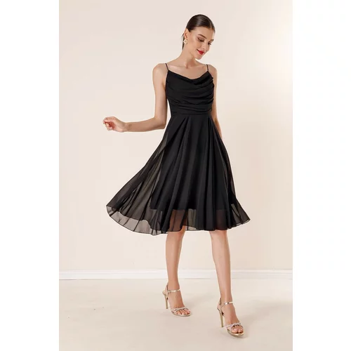 By Saygı Rope Straps Front Draped Lined Chiffon Dress Black